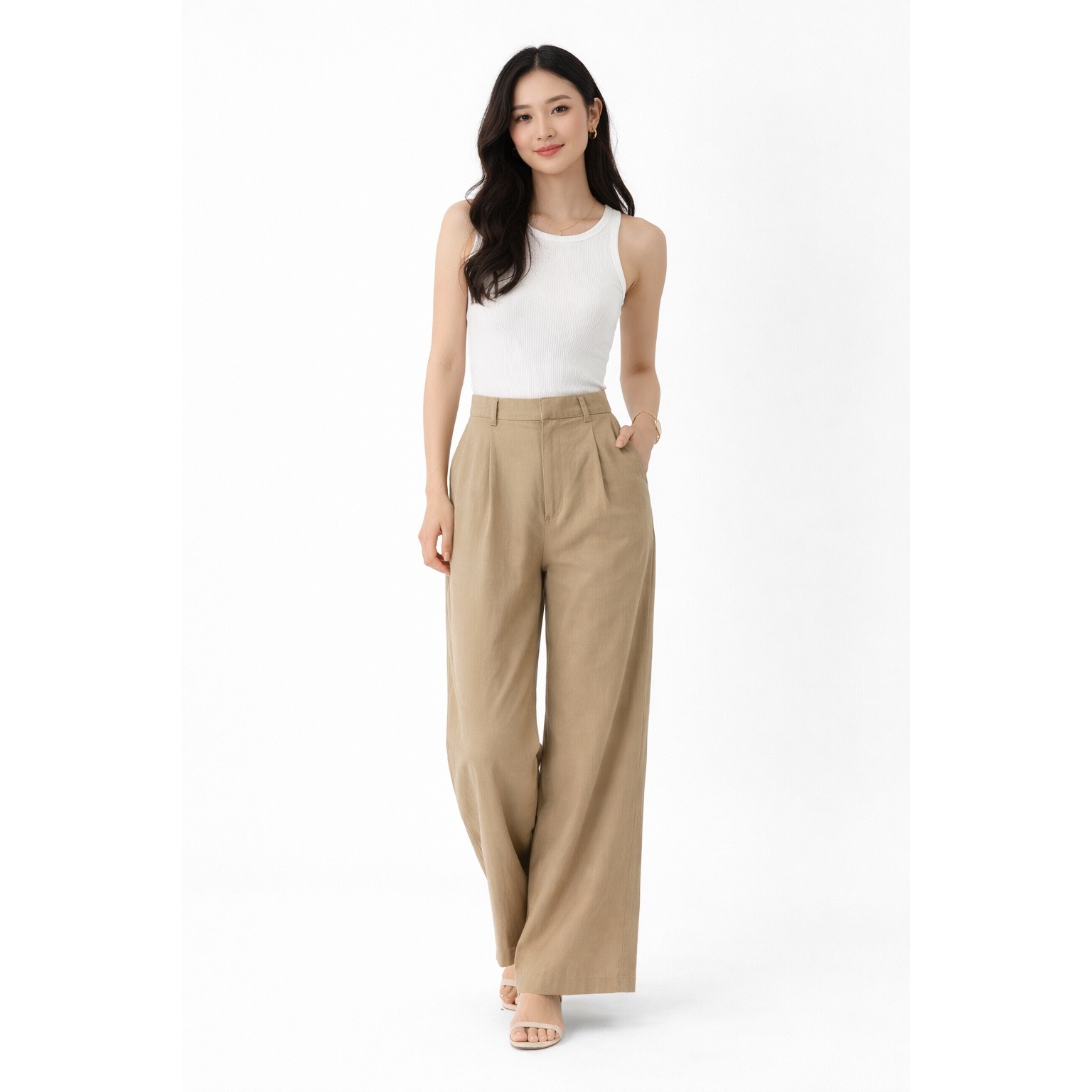 Zara Tan Khaki Linen High Waist Pleated Wide Leg Trousers Xl Resortwear 102-57
